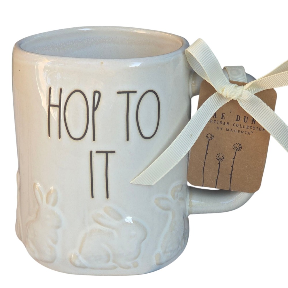 Rae Dunn Hop To It‎ Bunnies Embossed Ceramic Coffee Mug 16oz Ivory
